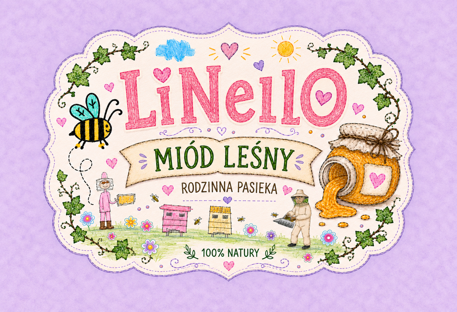 Ilustrowana etykieta miodu leśnego LiNellO: pszczoły, rodzinna pasieka i słoik miodu na lawendowym tle